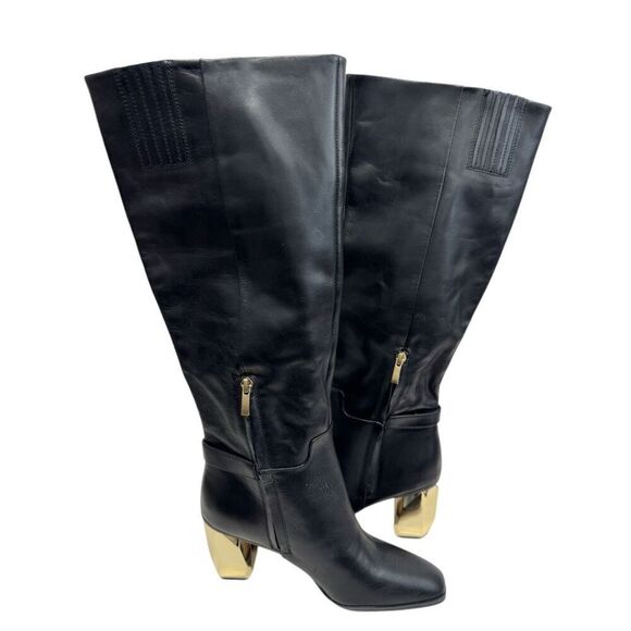 Franco Sarto Knee High Boots Size 9 Black Leather Gold Heel Side Zip - Picture 4 of 9